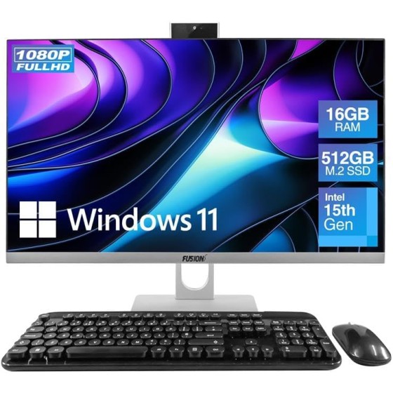24 吋 Full HD 多合一 PC 桌上型電腦 (2025 年 12 月 發布)- 16GB RAM、512GB SSD、Windows 11、Intel 第 15 代四核心 CPU、HDMI、USB 3.0 - AIO PC 附無線鍵盤、滑鼠、3MP 網路攝影機